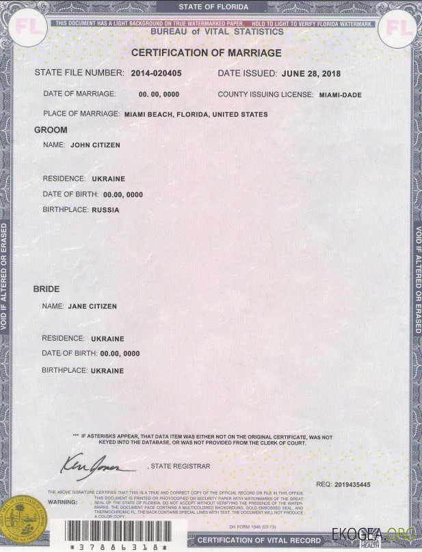 Modèle de certificat de mariage de l'État de Floride aux États Unis au format PSD